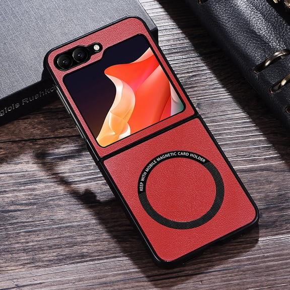Dteck Magnetic for Samsung Z Flip 6 Case, Shockproof PU Leather Slim Hard Support Wireless Charging Protective Cover, Red