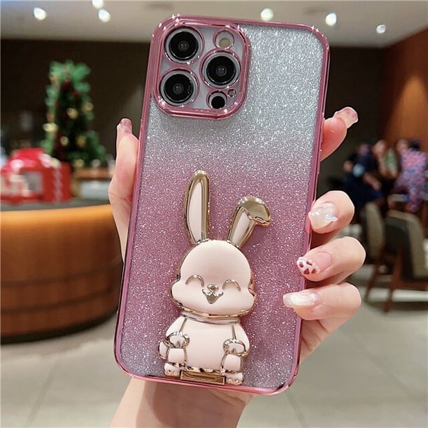 Funda de teléfono con soporte de conejo brillante chapada de lujo para iPhone 11, 12, 13, 14 Pro Max, X, XR, XS, funda suave a prueba de golpes en 7, 8 Plus, SE2 Fivean unisex