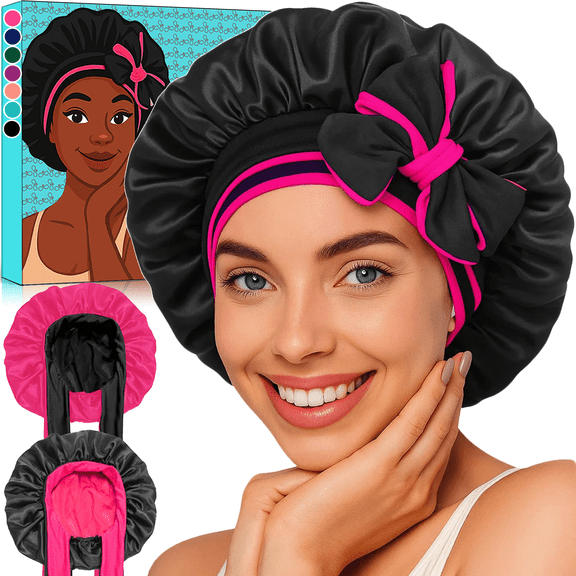 GAZILY® Satin Bonnet for Women, Reversible Double-Layer Sleep Cap with Adjustable Wide Tie Band, Large Hair Silk Bonnet for Natural Curly, Braided and Long Hair, Black and Hot Pink