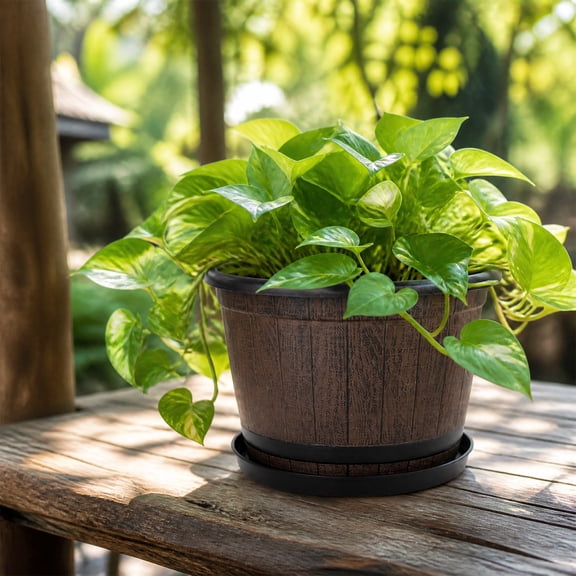 Planters for Outdoor Plants Imitation Whiskey Barrel Plastic Flower Pot 8.85 Inch, Wood Grain Decorative Planter with Drainage Holes & Matching Saucer for Garden Balcony Indoor Potted Plant Decor