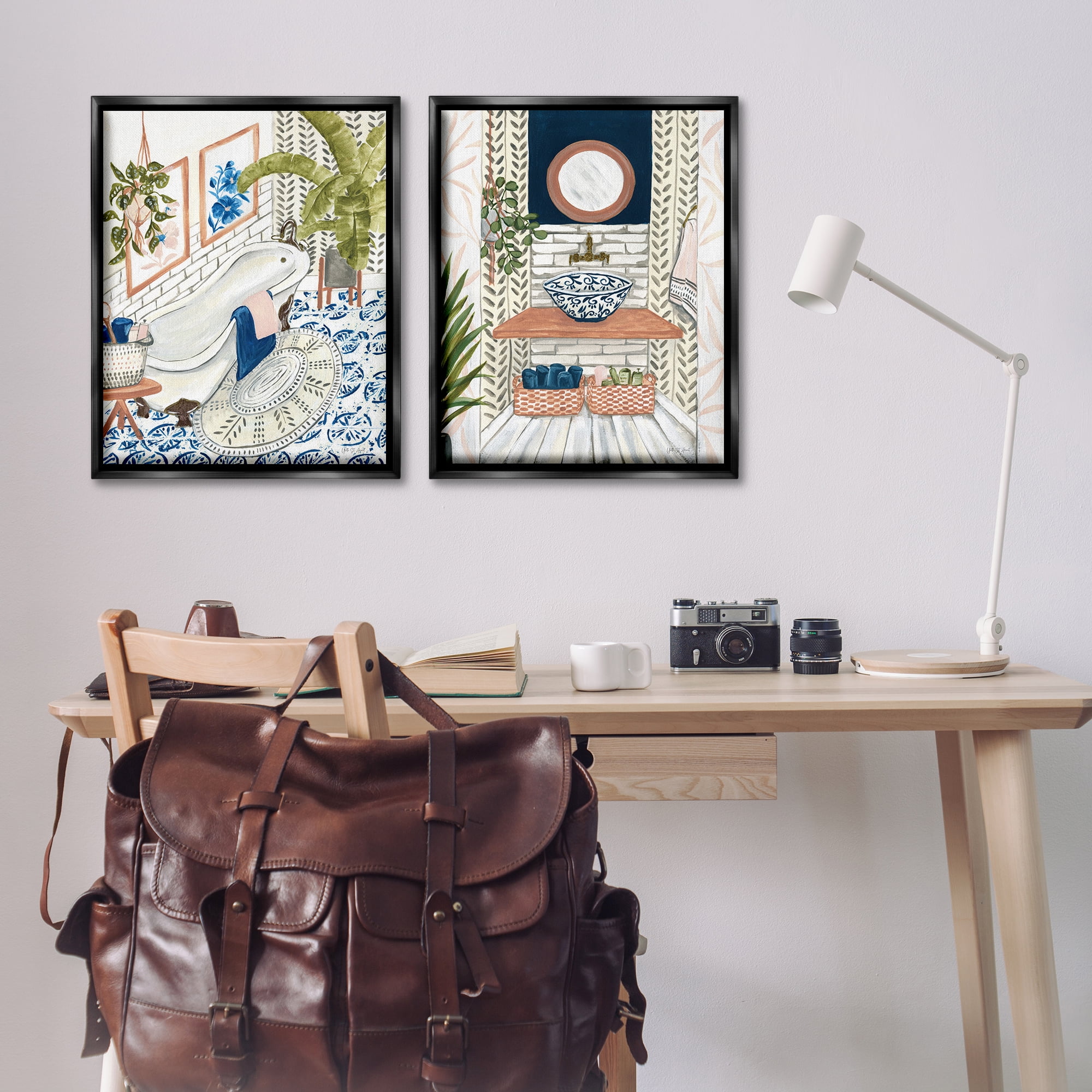Stupell Industries Boho Chic Bathroom Bath & Laundry Painting Black Floater Framed Canvas Art Print Wall Art, 31 x 25, Set of 2