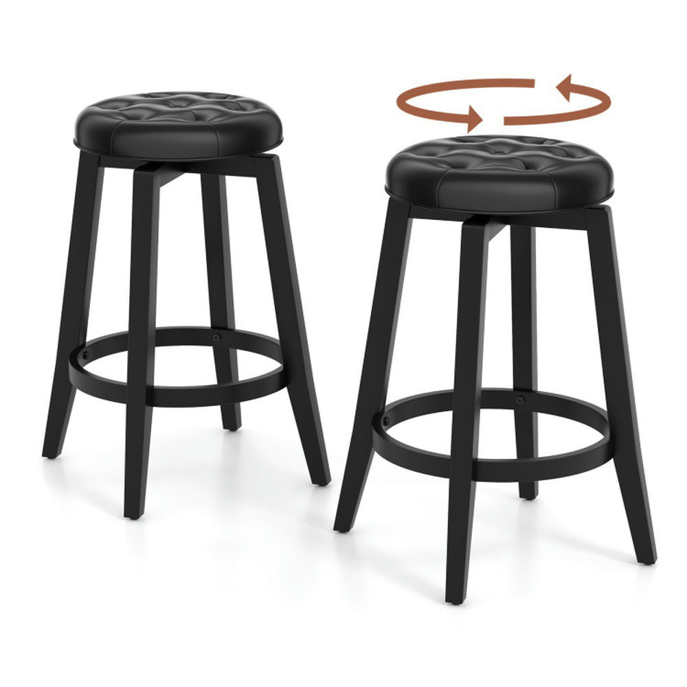 Demi Bonn 24" Set of 2 360° Swivel Upholstered Rubberwood Frame Bar Stool with Footrest, Modern Kitchen Dining Chair, Black