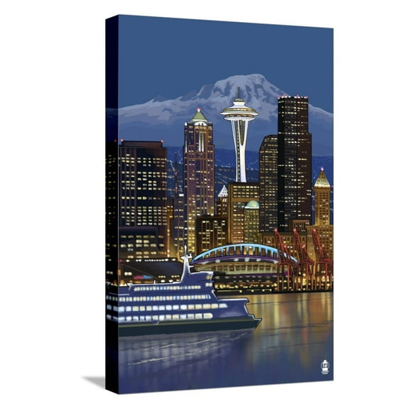 Art.com Seattle, Washington at Night - Image Only Stretched Canvas Print Wall Art by Lantern Press, 12" x 18"