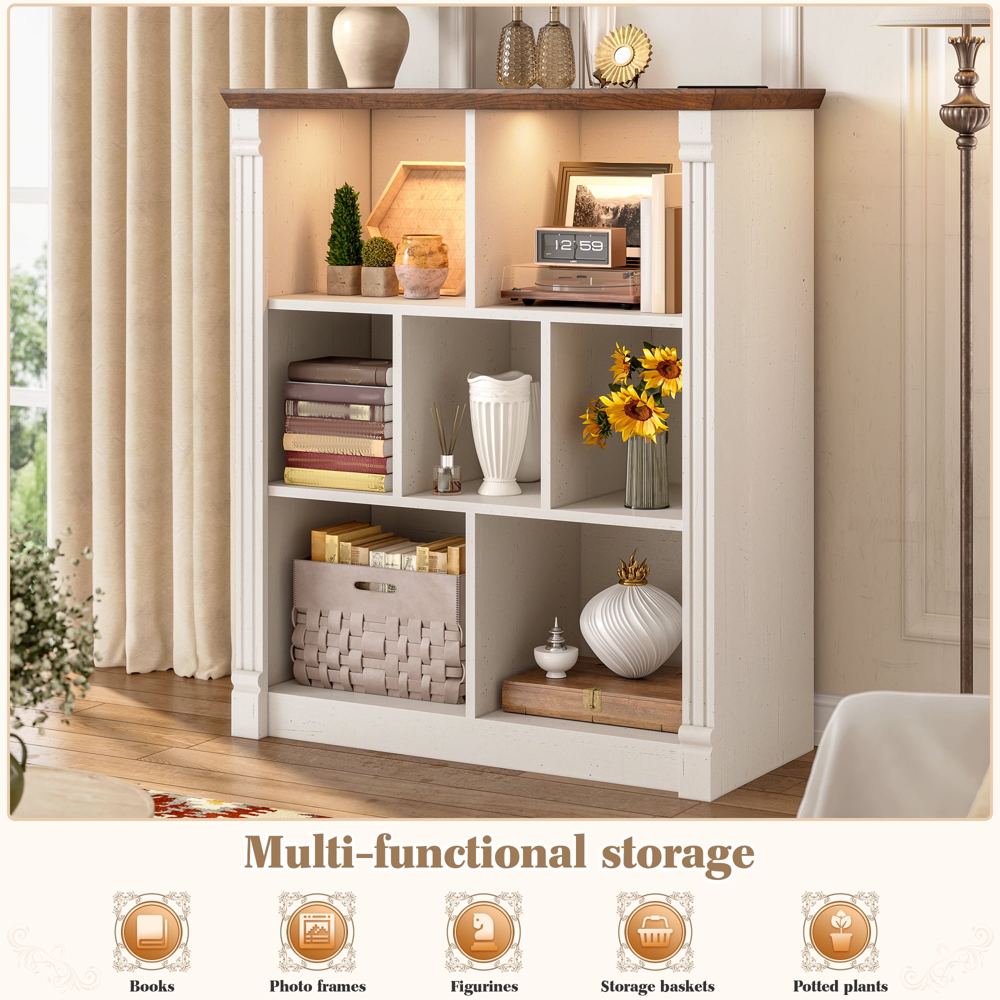 EnHomee 7 Cube Storage Organizer with LED Light and Charging Station,Wood Bookshelf for Living Room, Bedroom, Office，White