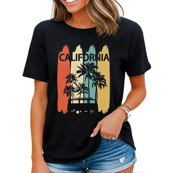 Womens Graphic Tees Vintage Short Sleeve Summer Tops Teen California T-shirt Black 4X-Large