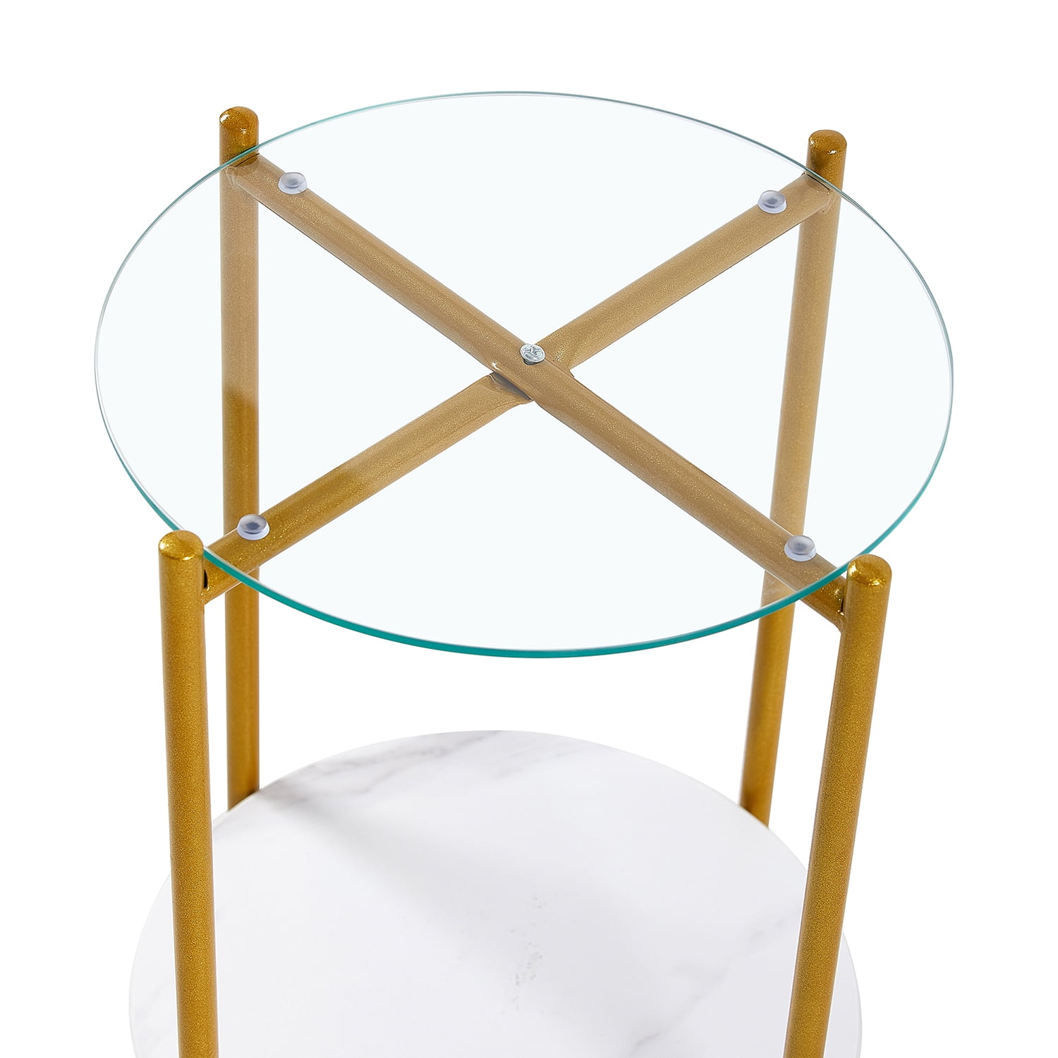 Kadyn 2-layer Round Coffee Table, Metal End Table with Tempered Glass and Marble Tabletop, Small Accent Sofa Table Side Snack Table for Living Room, White Kadyn 2-layer Round Coffee Table, Metal End Table with Tempered Glass and Marble Tabletop, Small Accent Sofa Table Side Snack Table for Living Room, White