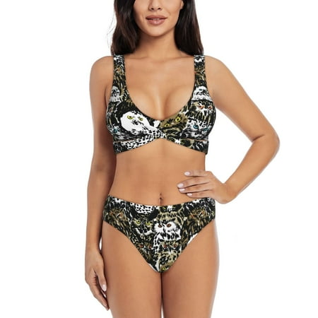 Zeuib Ink Graffiti Owl High Waisted Tummy Control Bikini Set - Knot Front Push Up Top & Cheeky Thong Bottom  Two-Piece Swimsuit for Women-Medium