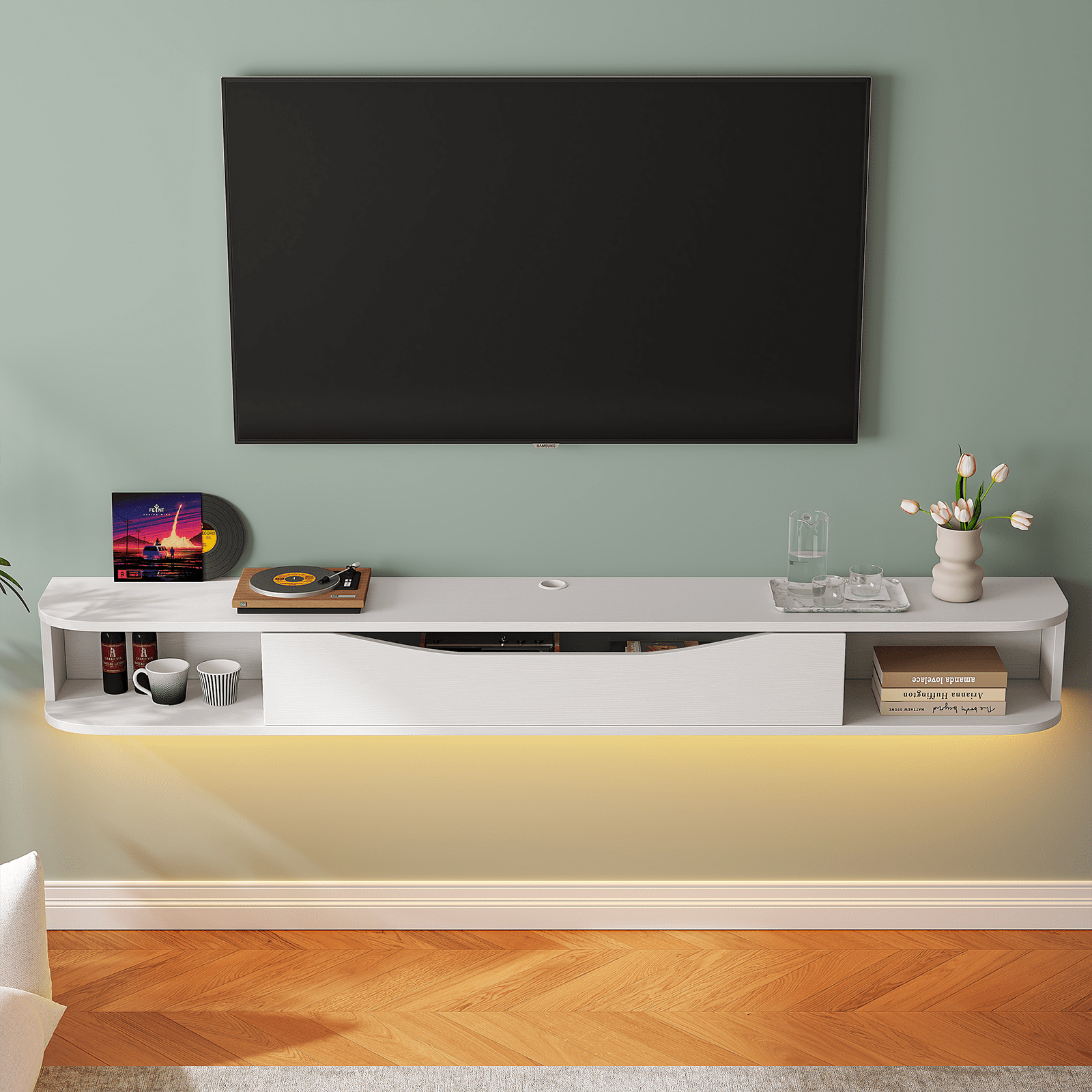 FloatiCasa 55" Floating TV Stand Wall Mounted TV Console for TVs up to 60" Entertainment Center Floating TV Shelf(White)