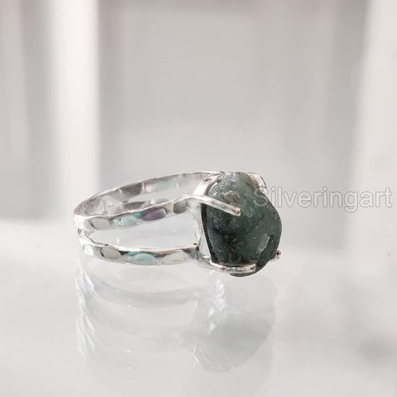 Natural Emerald Ring, Rough Emerald Gemstone Ring, AAA May Birthstone, 2 Hammered Band, 925 Sterling Silver, Womens Ring, Christmas, Thanksgiving, Handmade, Statement Jewelry, Rough Gemstone Jewelry
