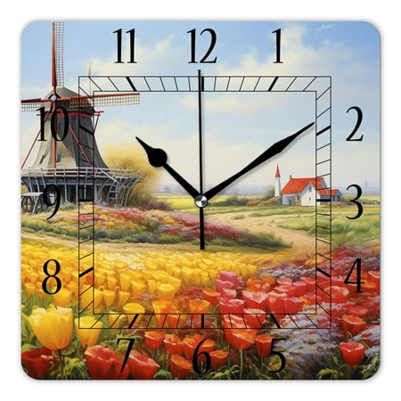 14 Inch Wall Clock Battery Operated Square Clock Decorative for Office, Kitchen, Outdoor, Living Room,Traditional Dutch Tulips Lovely