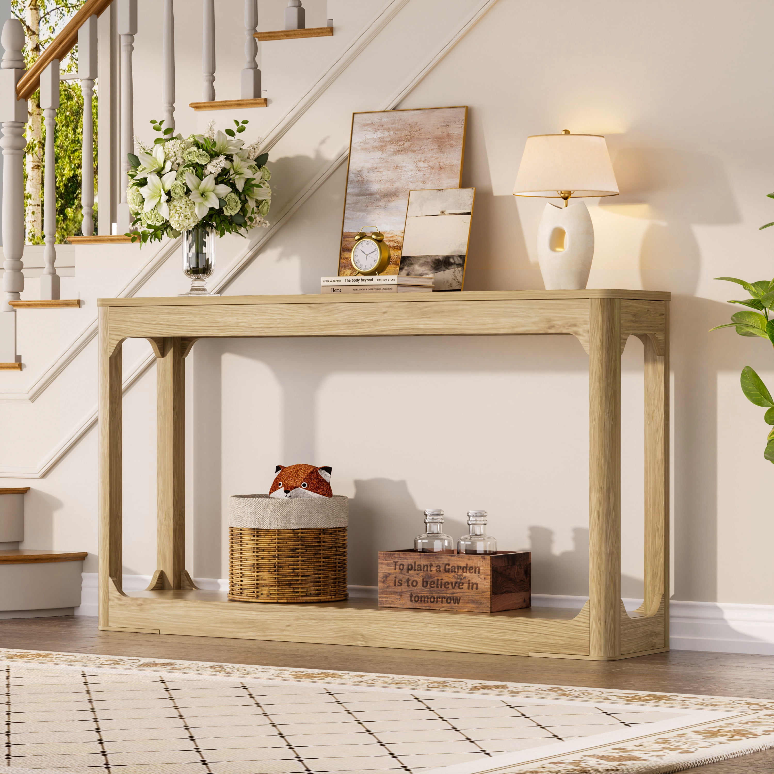55.1" Curved-Leg Wooden Console Table, Slim Minimalist Storage Side Table, Natural Wood Sofa Table for Entryway, Hallway, Living Room