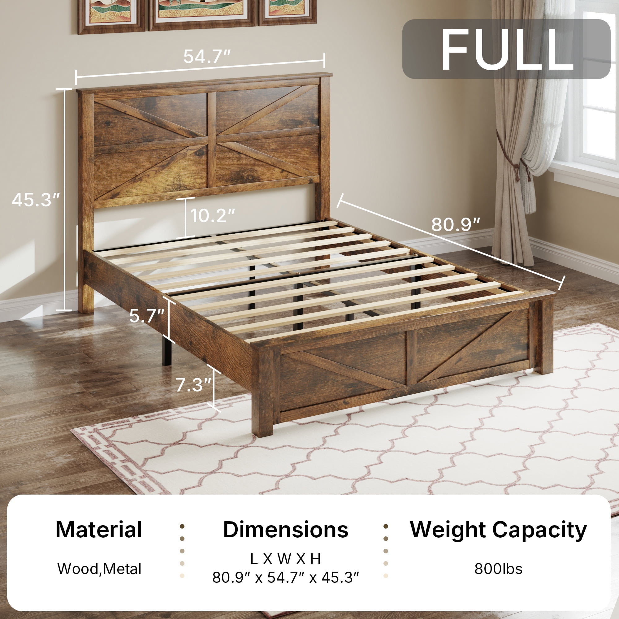 BSHTI Full Size Bed Frame with Wooden Headboard, Country and Farmhouse Style, Brown