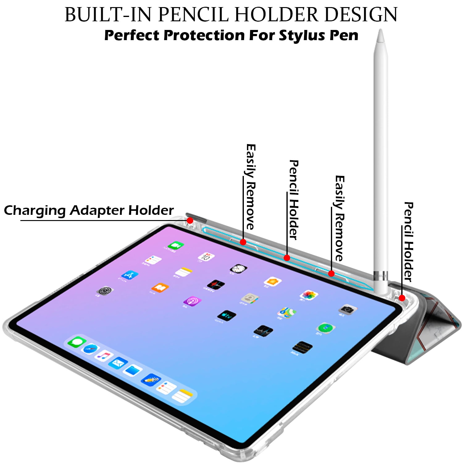 iPad 9th 2021 8th 2020 7th 2019 Gen [iPad 9 iPad 8 iPad 7 ] 10.2 Inch A2602 A2270 A2197 MK663LL/A MK673LL/A MYN62LL/A MW6Y2LL/A Clear Back TPU Silicone Back Printed Case Pencil Holder - Marble Green