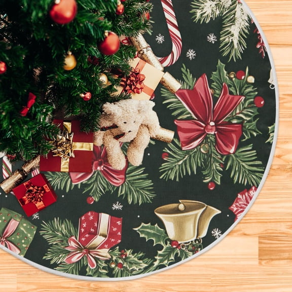 Yayeee Christmas Tree Skirt 35 inches for Xmas Tree Holiday Party Decoration, Black Christmas Holly