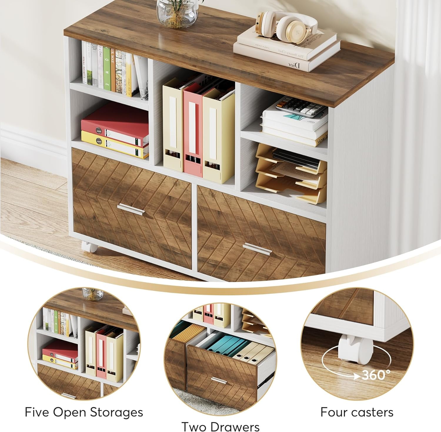 Tribesigns 63 inch L-Shaped Executive Desk with Reversible File Cabinet, Office Desk with Storage Drawers, Oak Karo & White