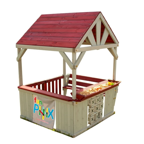 Wooden Playhouse for Kids Outdoor - Funphix Backyard Playhouse with Bench, Sandbox, Tic Tac Toe, Roof, & Doors - ASTM Certified & Easy to Assemble Kids Outdoor Playset Made of Durable Cedar Wood