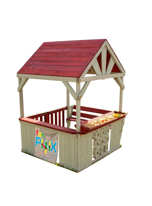 Wooden Playhouse for Kids Outdoor - Funphix Backyard Playhouse with Bench, Sandbox, Tic Tac Toe, Roof, & Doors - ASTM Certified & Easy to Assemble Kids Outdoor Playset Made of Durable Cedar Wood
