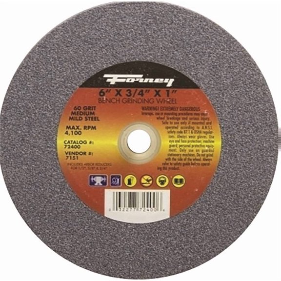 Forney Bench Grinder Wheel, Type 1, 60 Grit - 6" x 3/4" x 1" arbor hole w/adapters for 1/2", 5/8" & 3/4"