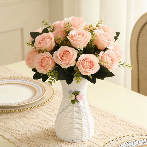 Plastic Rattan Vase - Realistic Woven Look Decorative Planter for Artificial Flowers, Unbreakable Home Decor (White)