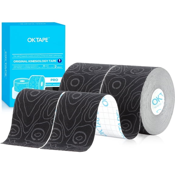 OK TAPE PRO Kinesiology Tape Uncut Roll, Elastic Physical Therapy Athletic Tape for Pain Relief, Muscle Support, Kinetic Tape, Water Resistant, 2in X 16.4ft -Black Gray 2 Rolls