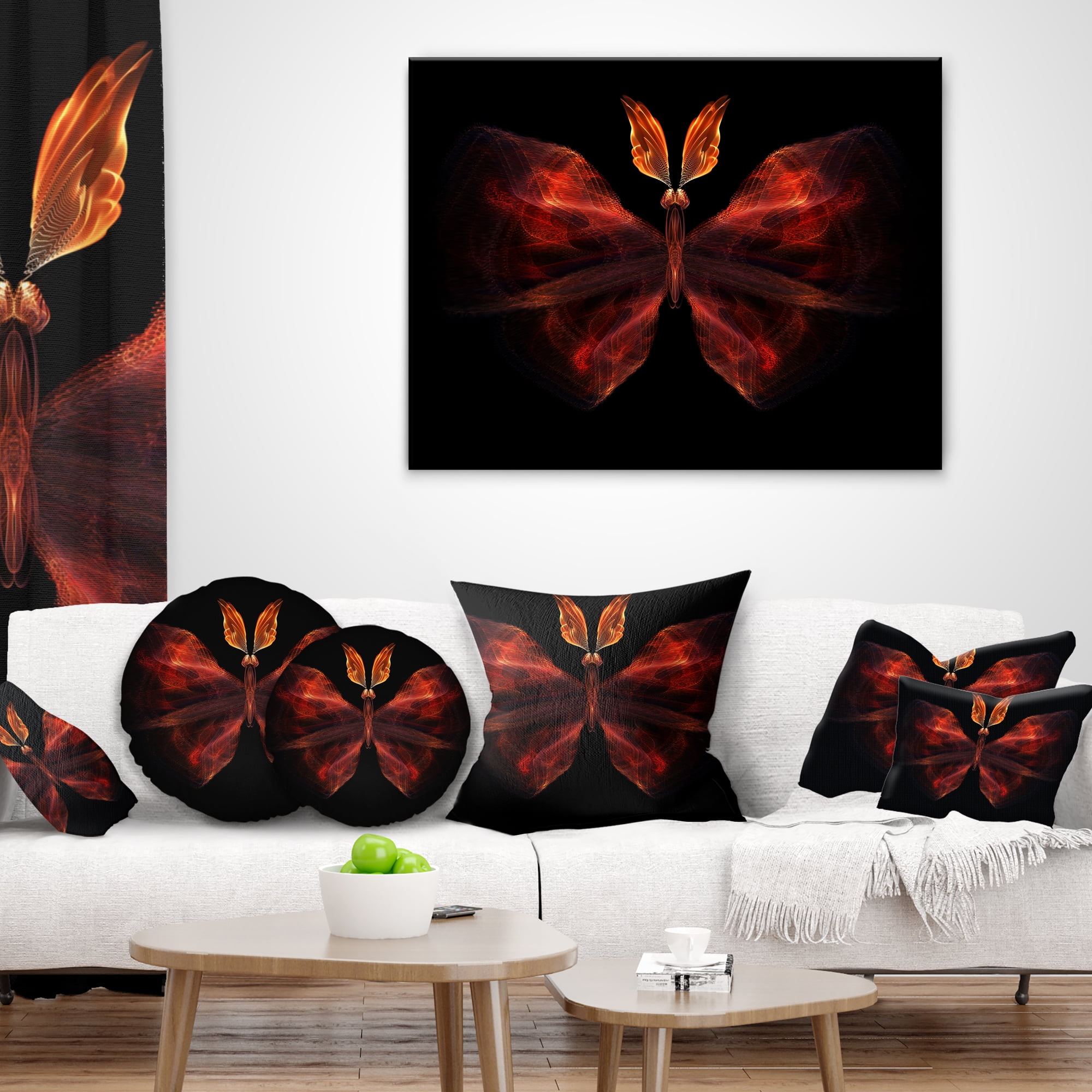 Designart Red Fractal Butterfly in Dark - Abstract Throw Pillow - 16x16
