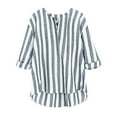 thumbnail image 2 of HOMBOM V-Neck T Shirts for Women Cute 3/4 Sleeve Stripes Light Blue Cotton Linen Prints Loose Blouse, 2 of 5