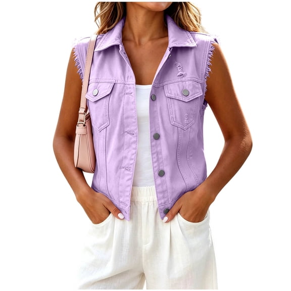 Admvng Womens Collared Denim Sleeveless Vest Plus Size Button Down Chest Pocket Cropped Colored Jean Casual Layering Gilet