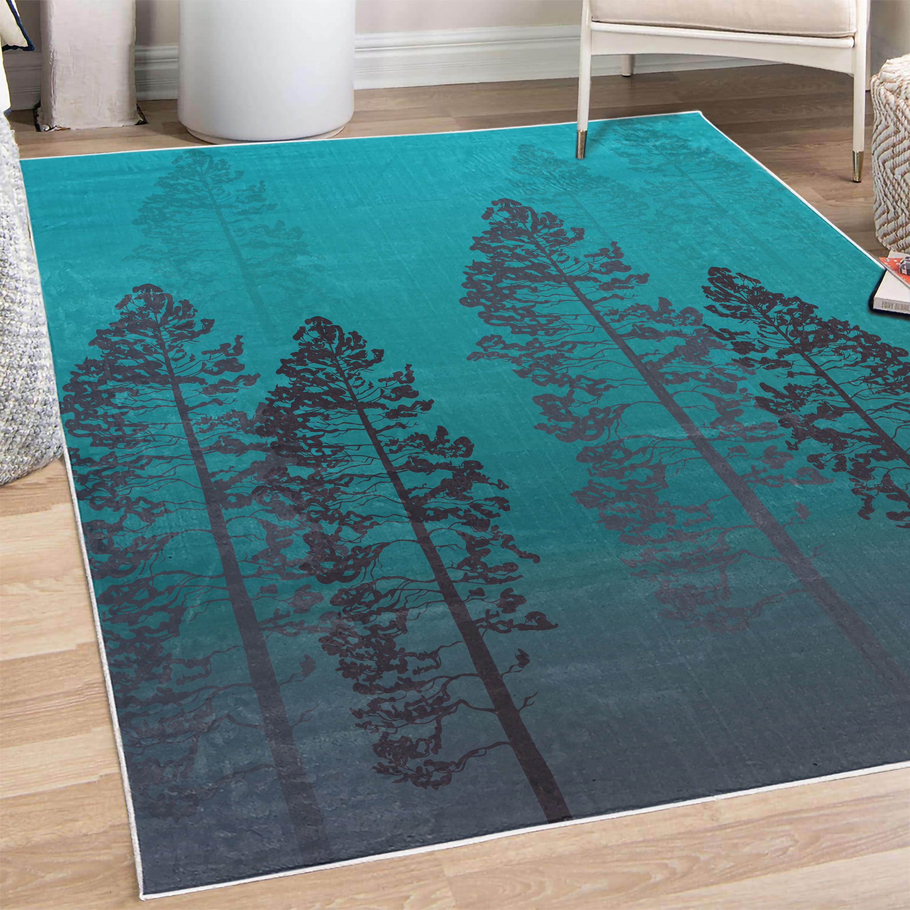 Country Decorative Rug, Pine Trees in the Forest on Foggy Seem Ombre ...