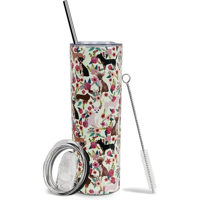 Vaso térmico de chihuahua con popote y tapa de 593 ml - Regalos para amantes de los perros - Regalos para mamás de perros - Vasos térmicos para café, bebidas frías y calientes