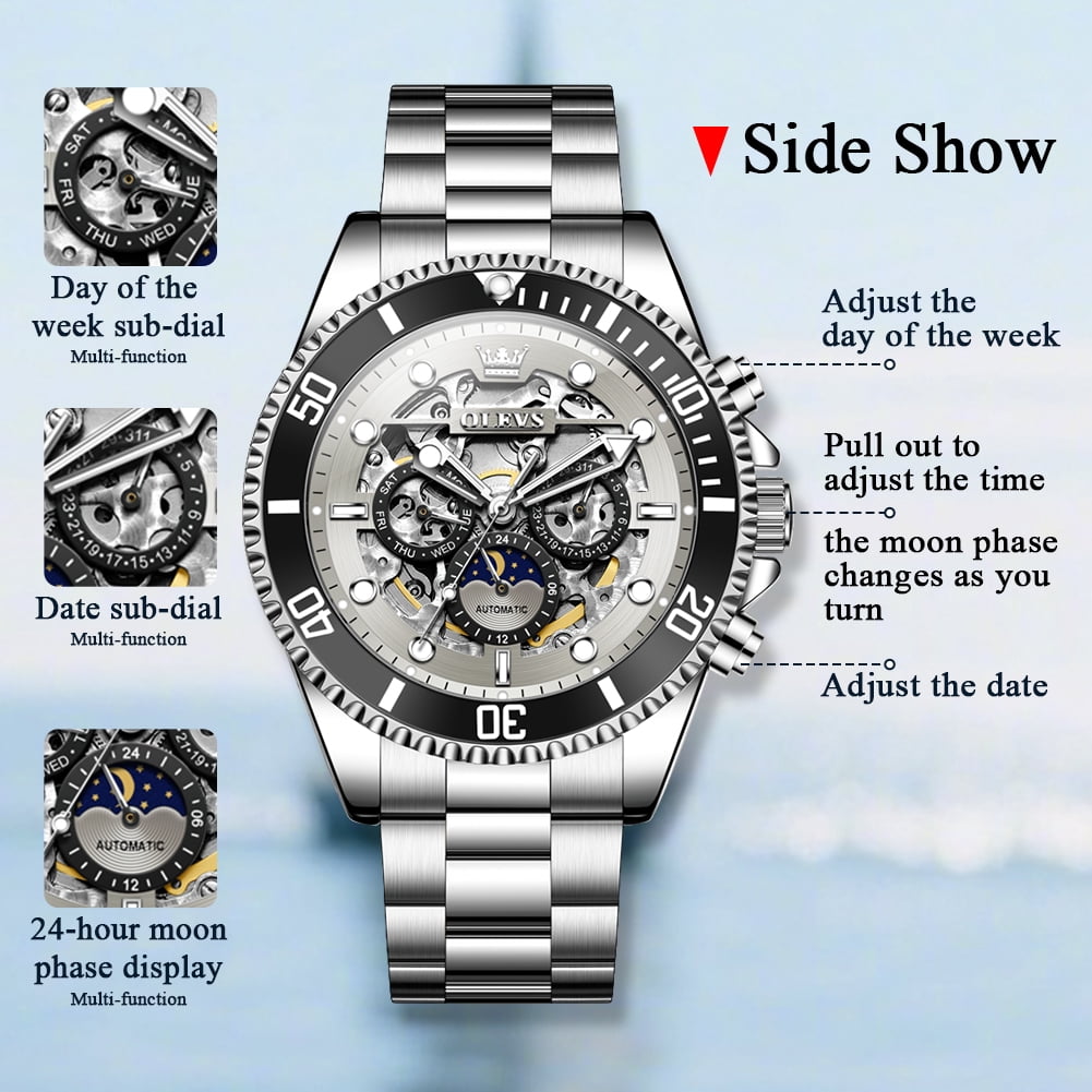 OLEVS Automatic Watches for Men Skeleton Self Winding Mechanical Fashion Dress Chronograph Moon Phase Stainless Steel Waterproof Luminous Mens Wrist Watches Gift Reloj Para Hombre