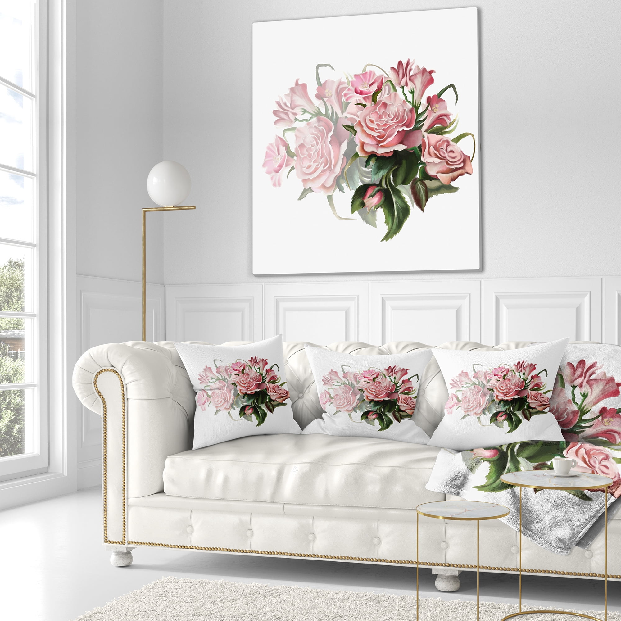 Designart Pink Rose Bouquet Watercolor - Floral Throw Pillow - 16x16