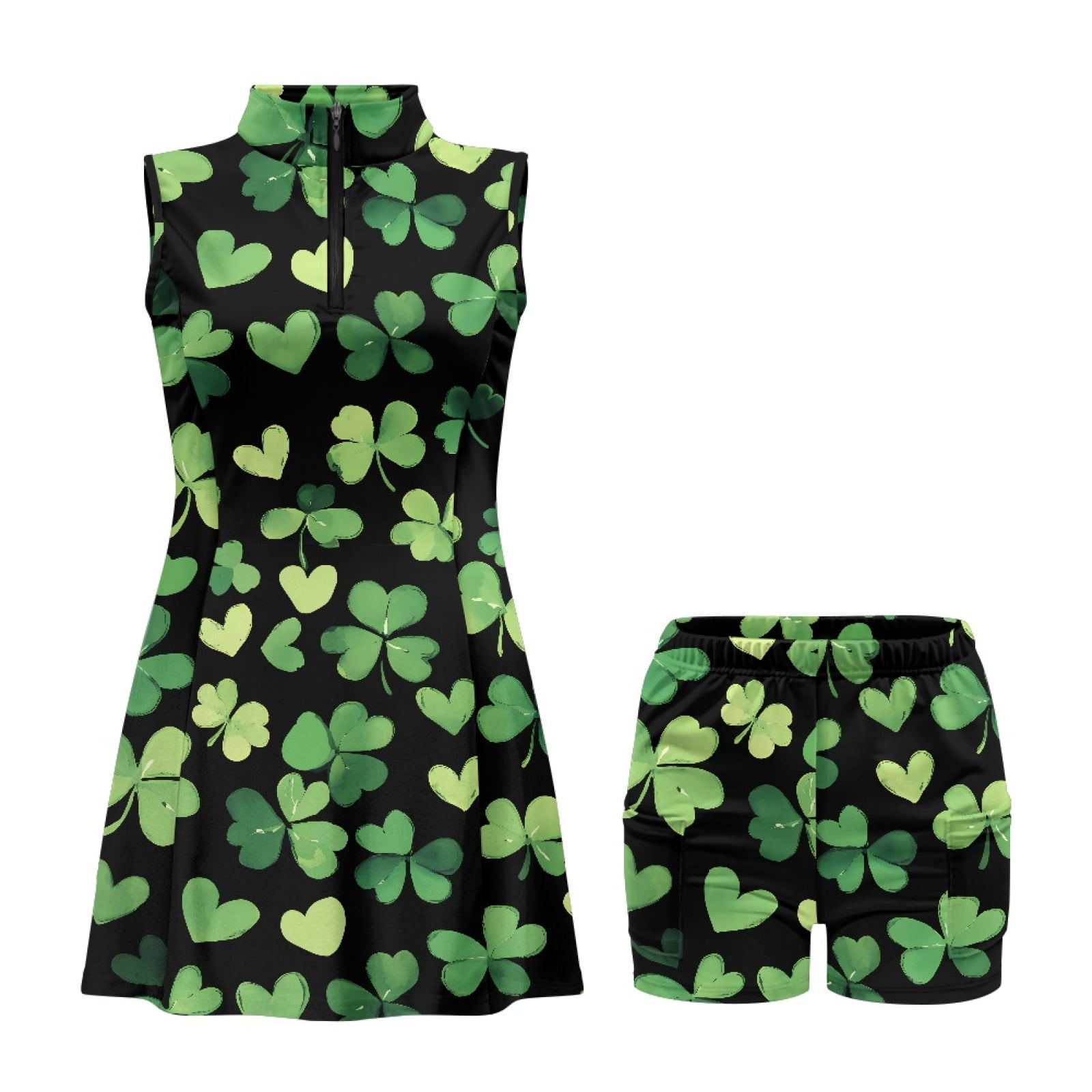 COEQINE Women's Golf Dress Shamrock Black-1 Print Workout Athletic Dresses for St. Patrick's Day Sleeveless Stand Collar Workout Outfits with Shorts 2 Pockets, L