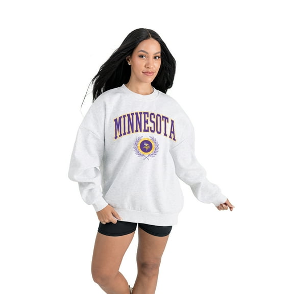 Women's Gameday Couture Ash Minnesota Vikings Traditional Logo Oversized Premium Fleece Pullover Sweatshirt