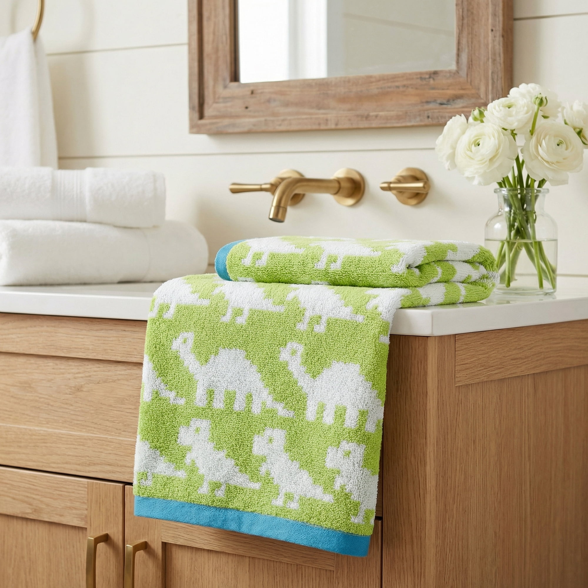 Unique Bargains Animal Pattern Cotton Jacquard Absorbent Hand Towel Green/Purple 29" x 13"