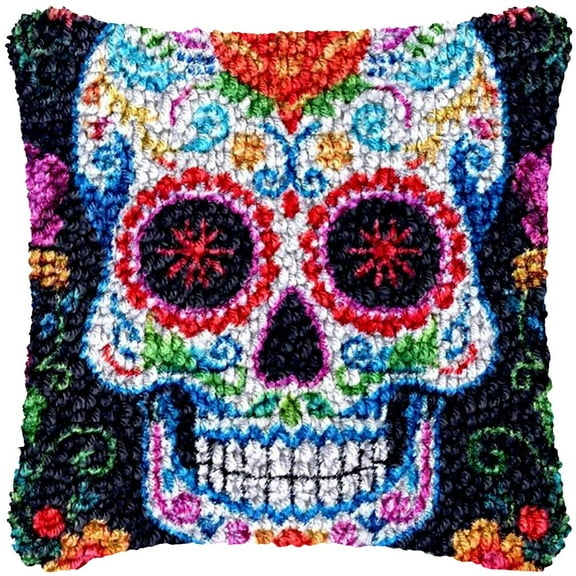 Colorful Skull Latch Hook kits Pillow Color Printed Canvas Cushion Crochet Yarn Needlework Hook Latch Kit DIY Embroidery Pillowcase Rug Cover Home Sofa Christmas Decor 43x43cm(1)