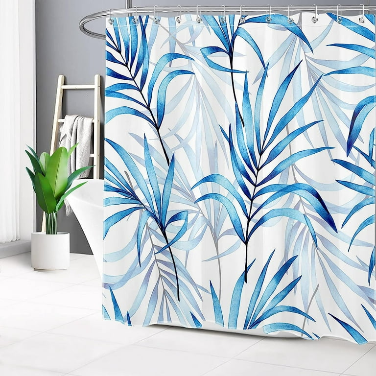 JOOCAR Blue Palm Leaf Shower Curtain Tropical Palm Tree Shower