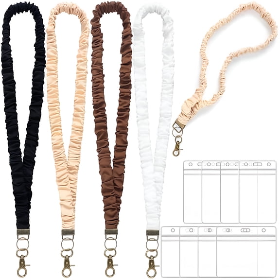 GJX 4 Pcs 19" Scrunchie Lanyard for Teachers,Stretchy Neck Lanyard with ID Holder,Solid Color