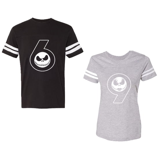 Halloween 69 Unisex Couple Matching Cotton Jersey style T-Shirt Contrasting stripes on sleeves (Men Black / Women Heather) (Men XL / Women L)