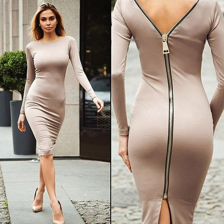 Fashion Women Solid Long Sleeve Back Zipper Tight Vintage Long Dress