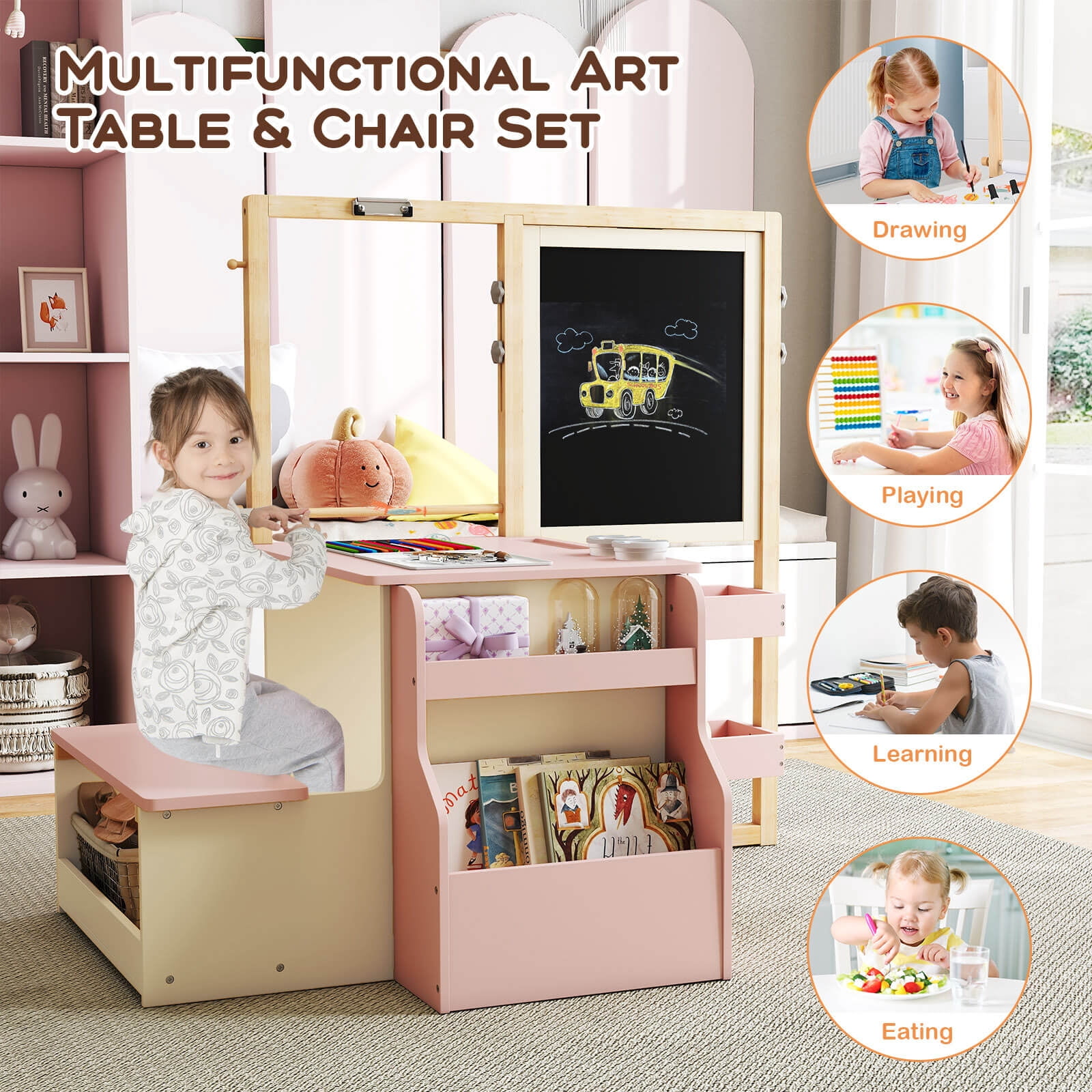 Costway Kids Art Easel & Table & Bench Set with Double-Sided Adjustable Easel, Blackboard Pink