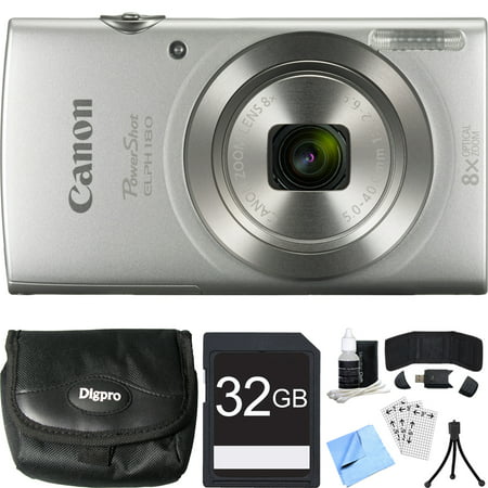 Canon PowerShot ELPH 180 20MP HD Silver Digital Camera 32GB Card Bundle includes Camera, 32GB Memory Card, Reader, Wallet, Case, Mini Tripod, Screen Protectors, Cleaning Kit and Beach Camera