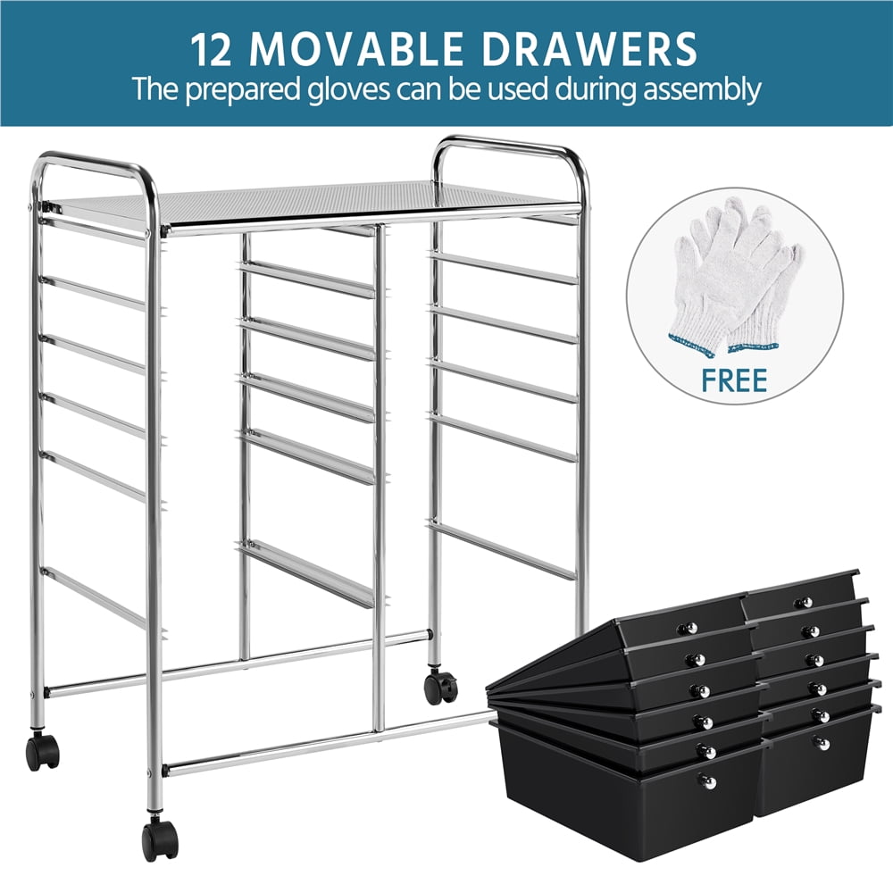 Renwick 12 Drawer Mobile Rolling Storage Cart for Home Office, Black