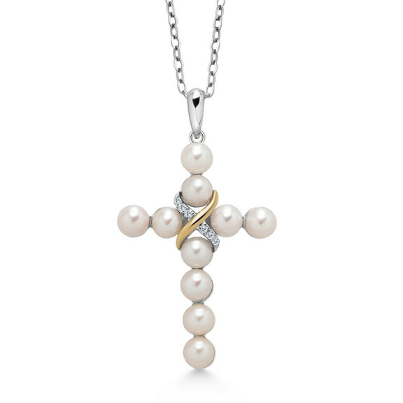 Gem Stone King 925 Silver and 10K Yellow Gold Cultured Freshwater Pearl and Lab Grown Diamond Cross Pendant Necklace for Women | Round 4-4.5MM Pearls | 18 inch Chain