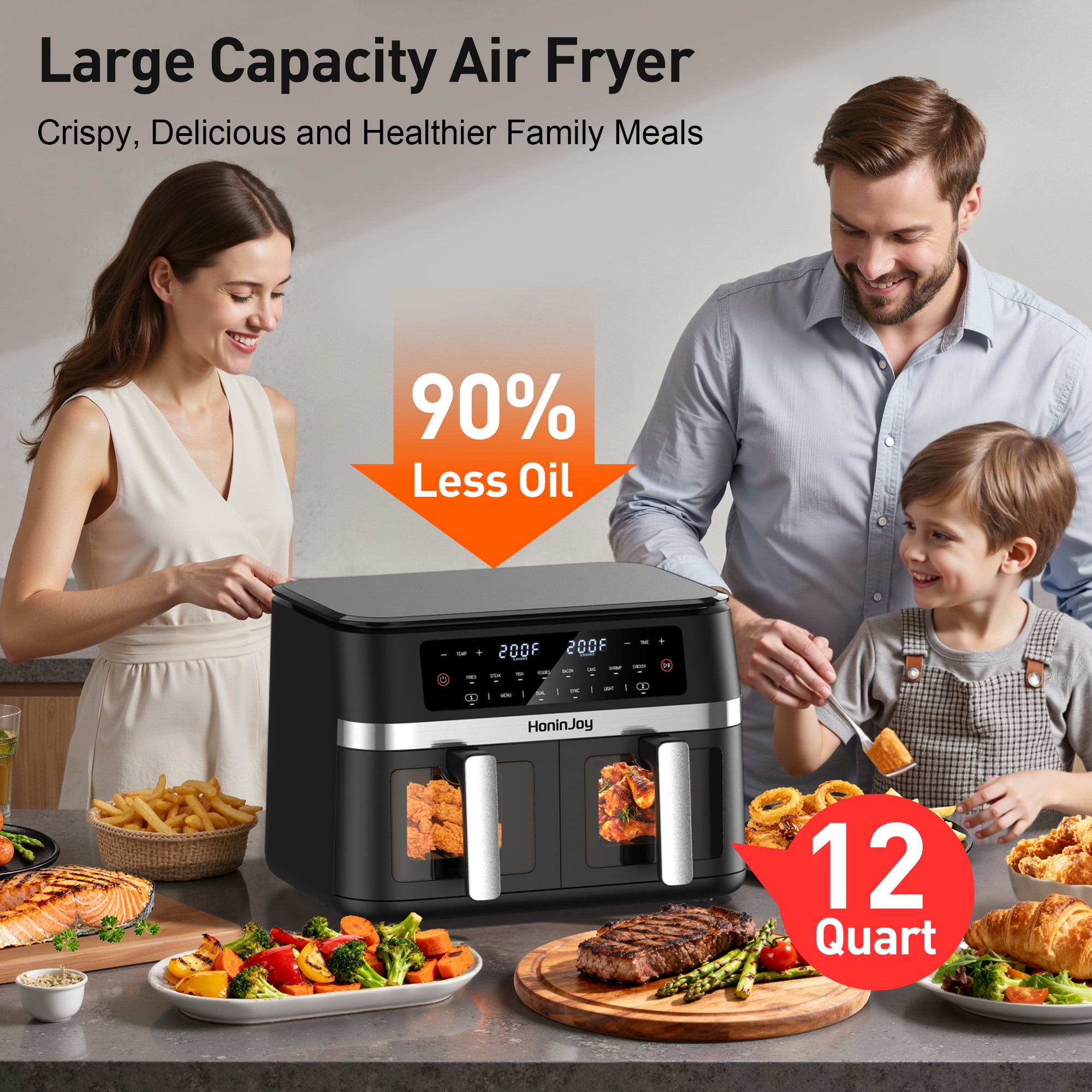 HoninJoy 12 QT Large Dual Basket Air Fryer, With Visible Cooking Window( 50PCS Air Fryer Liners Included)-New