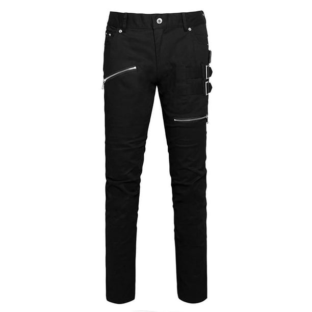 Pantalónes PaHombres Delgado Plano Cinco Bolsillos Hebillas CremalleDeco Pantalones Elástico De Algodón Negro 28