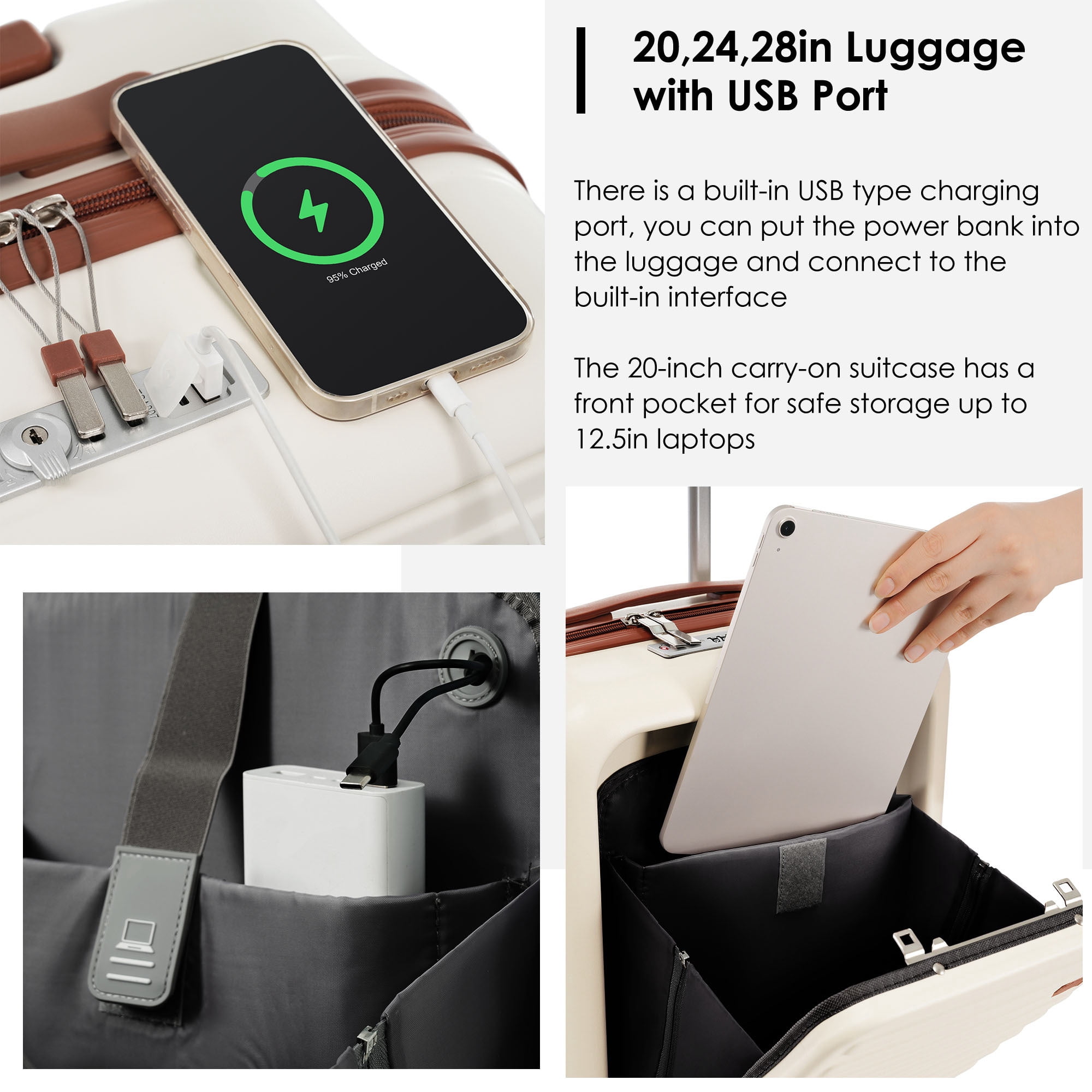 Euroco 4 Piece Luggage Sets,20" Carry-On Luggage with Front-Opening & Cup Holder,20/28inch Suitcase Set with USB Port,TSA Lock, Spinner Wheels,Travel Duffel Bag & Dry Toiletry Bag,Ivory
