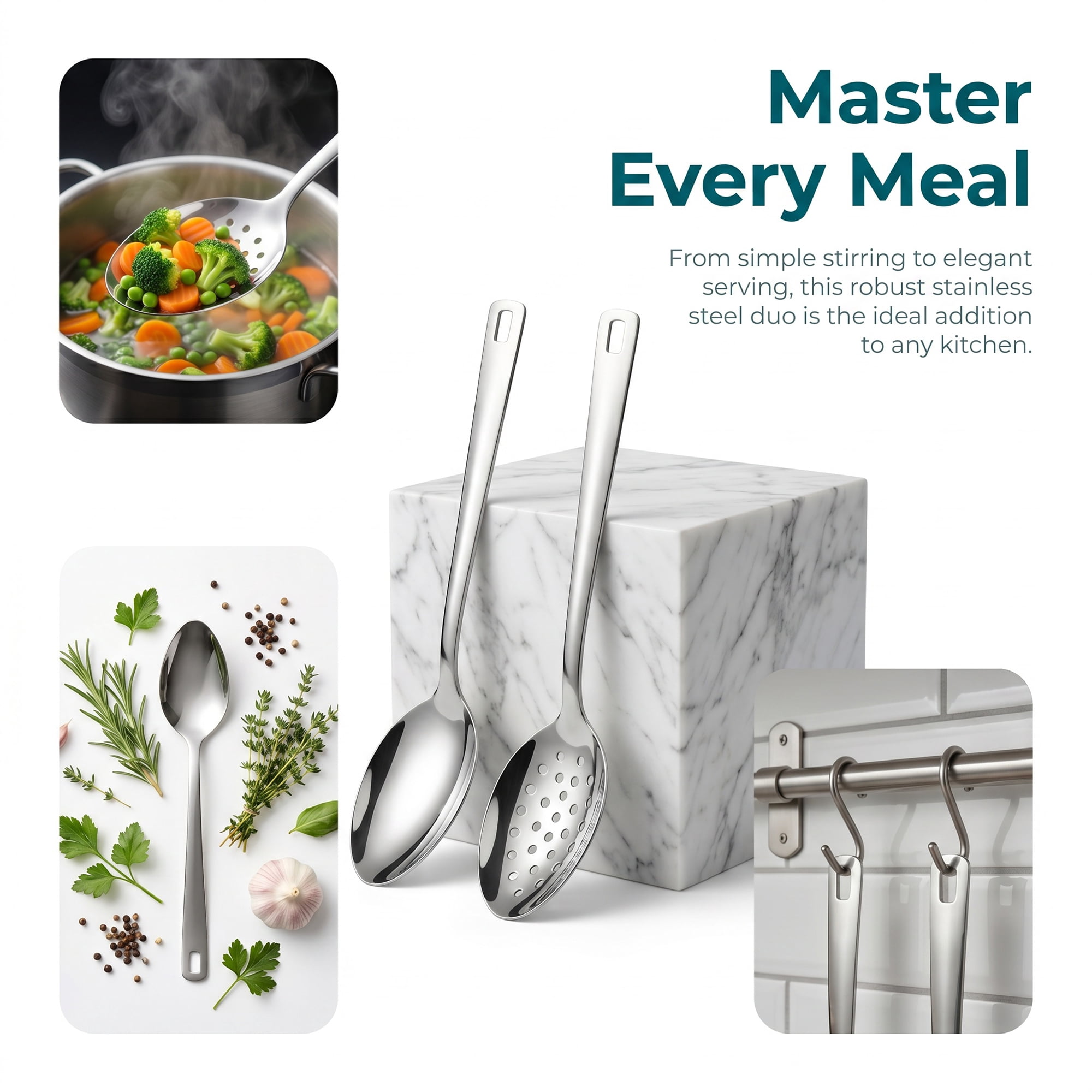 Unique Bargains Stainless Steel Kitchen Cooking Utensil Set Slotted Spoon 2Pcs