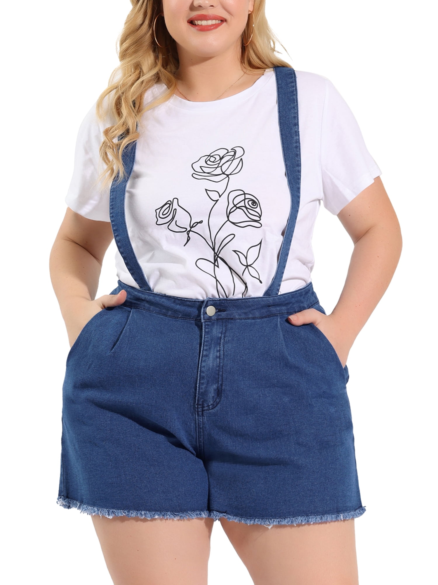 Denim Shorts Fray Pockets Overalls 