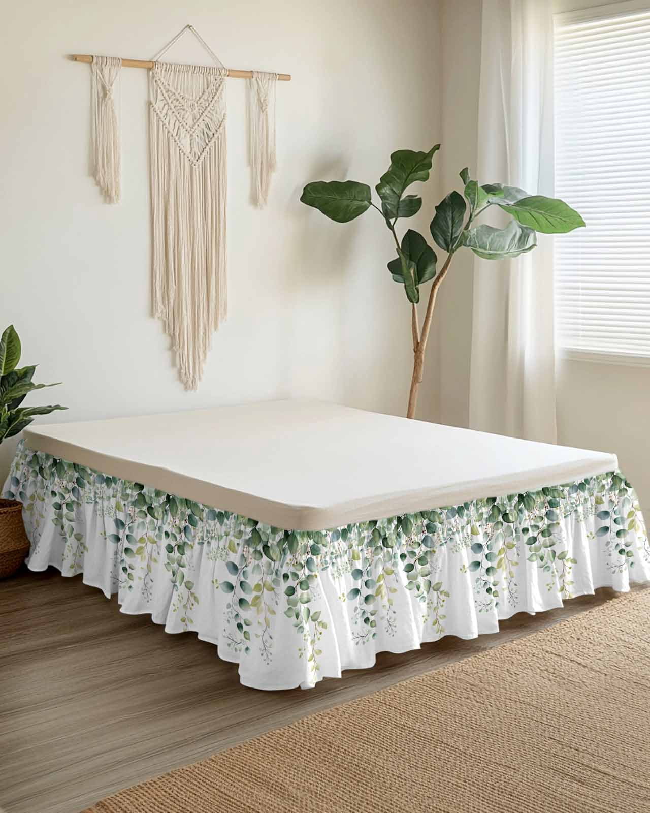 Sage Green Eucalyptus Wrap Around Bed Skirts for Queen Bed 18" Drop,Bed Skirt with Adjustable Elastic Belt Dust Ruffle Bed Valance for Bedroom Hotel Pastoral Watercolor Leaf Fruit Bed Frame Cover