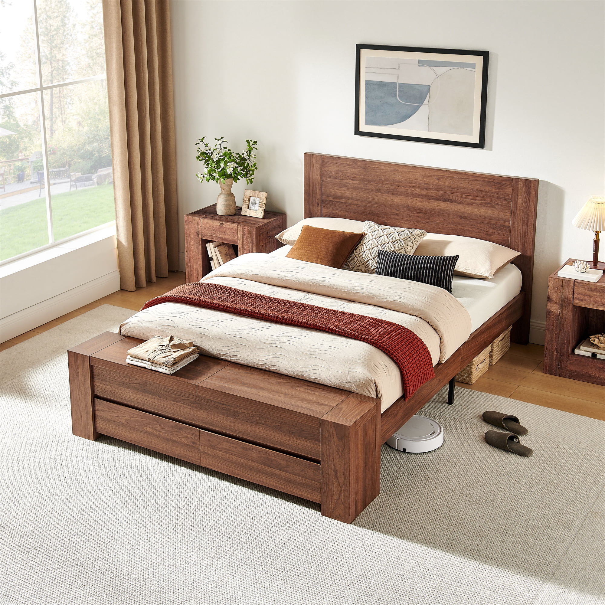 KeyWhat Modern Queen Size Storage Bed Frame with Panel Headboard, Footboard Storage Bench, Built-In Drawers, Lift-Up Compartments, No Box Spring Needed, Light Walnut